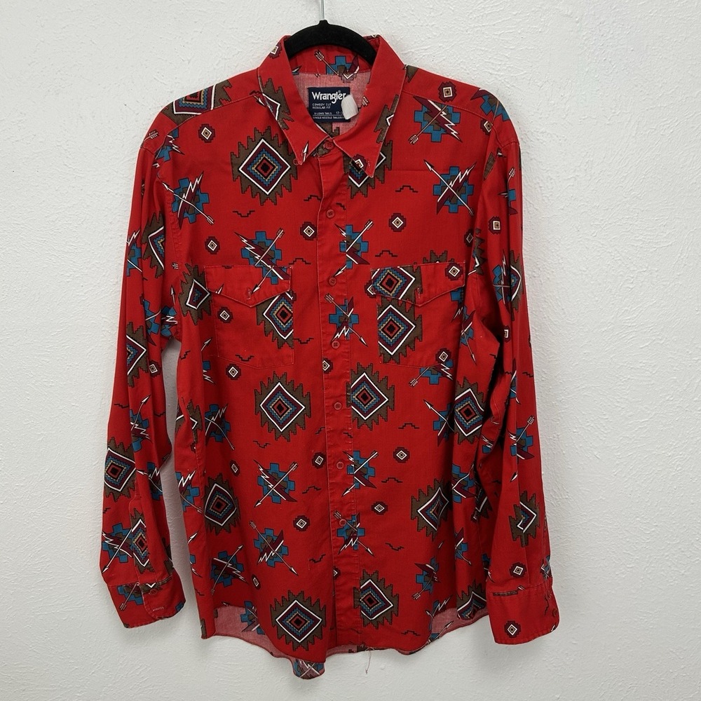 VTG 90s Wrangler Cowboy Cut Western Shirt ‎ XL 17-35 Red Aztec Southwestern READ